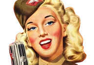 1940s pin up girl with USO uniform on singing into microphone.