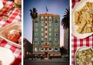 Spaghetti Sunday menu with salad, pasta, and a view of the hotel.